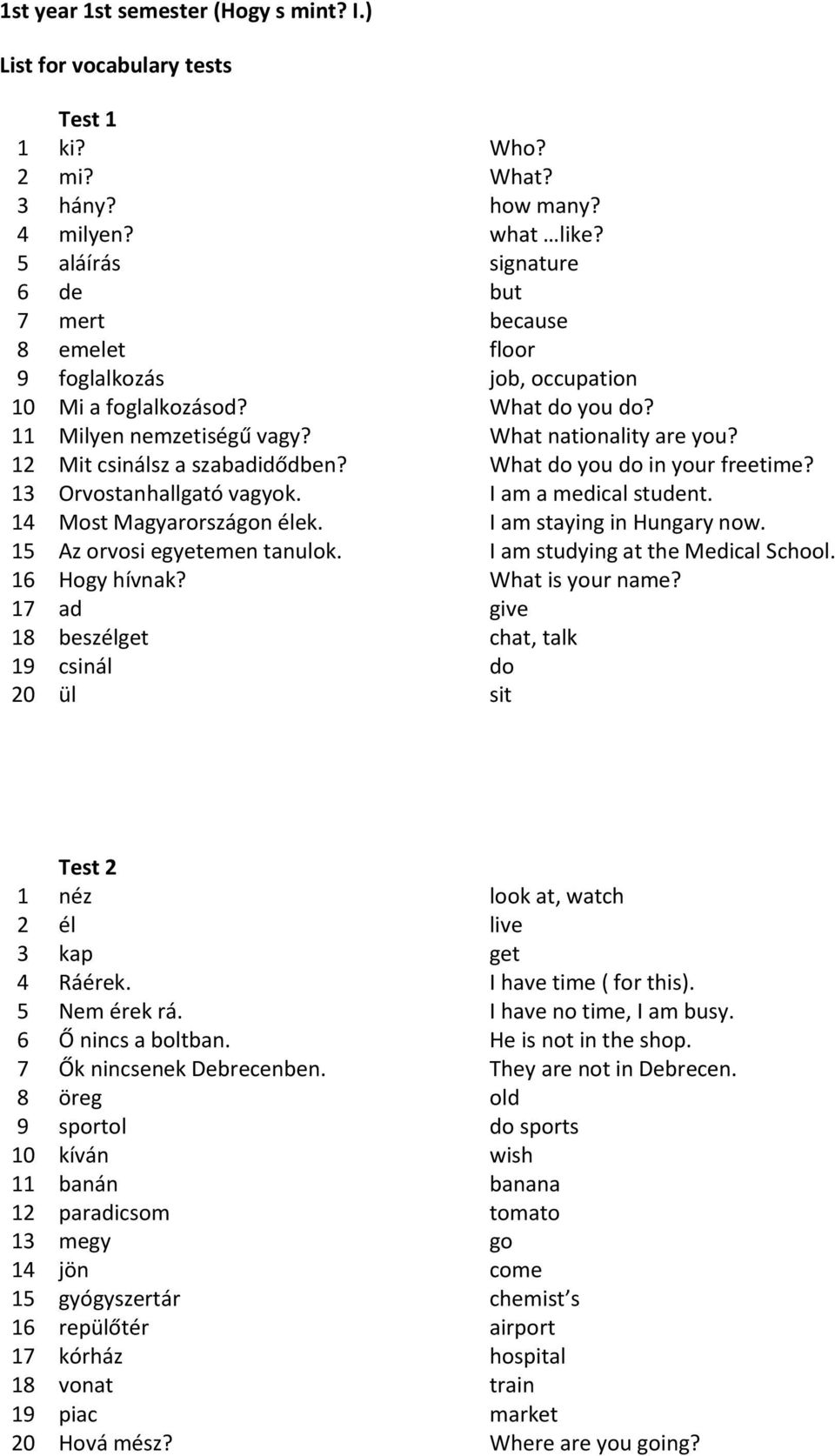 12 Mit csinálsz a szabadidődben? What do you do in your freetime? 13 Orvostanhallgató vagyok. I am a medical student. 14 Most Magyarországon élek. I am staying in Hungary now.