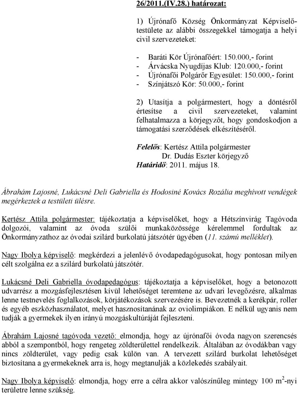 000,- forint 2) Utasítja a polgármestert, hogy a döntésről értesítse a civil szervezeteket, valamint felhatalmazza a körjegyzőt, hogy gondoskodjon a támogatási szerződések elkészítéséről.