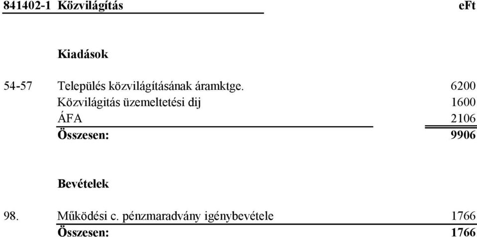 Közvilágitás üzemeltetési dij 6200 1600 ÁFA 2106