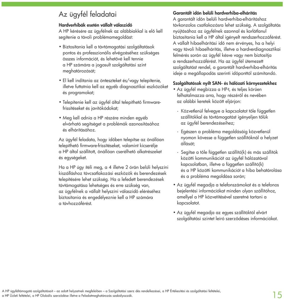 telepítenie, illetve futtatnia kell az egyéb diagnosztikai eszközöket és programokat; Telepítenie kell az ügyfél által telepíthet firmwarefrissítéseket és javítókódokat; Meg kell adnia a HP részére