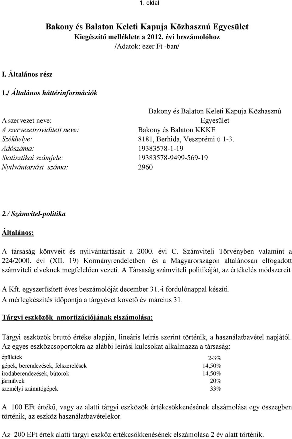 Adószáma: 19383578-1-19 Statisztikai számjele: 19383578-9499-569-19 Nyilvántartási száma: 2960 2./ Számvitel-politika Általános: A társaság könyveit és nyilvántartásait a 2000. évi C.