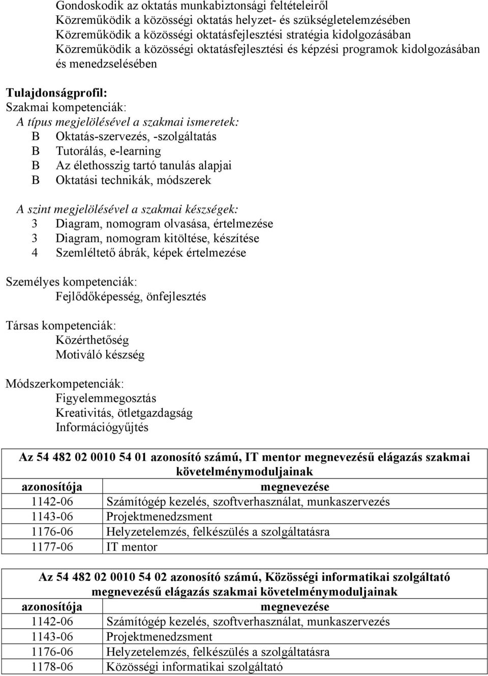 Oktatás-szervezés, -szolgáltatás B Tutorálás, e-learning B Az élethosszig tartó tanulás alapjai B Oktatási technikák, módszerek A szint megjelölésével a szakmai készségek: 3 Diagram, nomogram