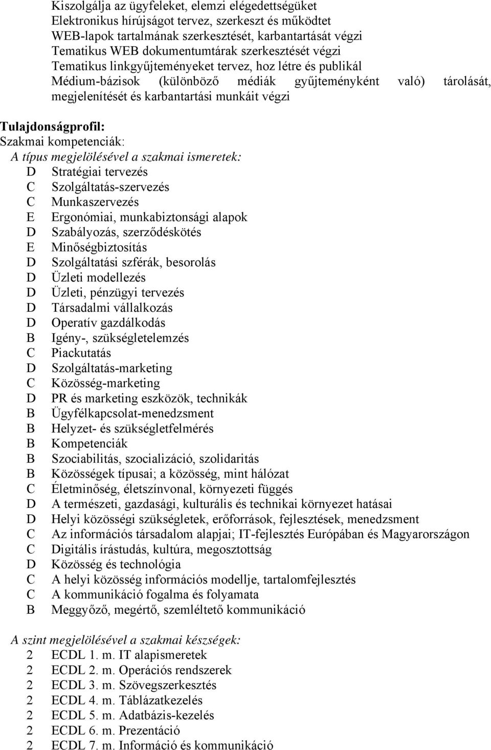 Tulajdonságprofil: Szakmai kompetenciák: A típus megjelölésével a szakmai ismeretek: D Stratégiai tervezés C Szolgáltatás-szervezés C Munkaszervezés E Ergonómiai, munkabiztonsági alapok D