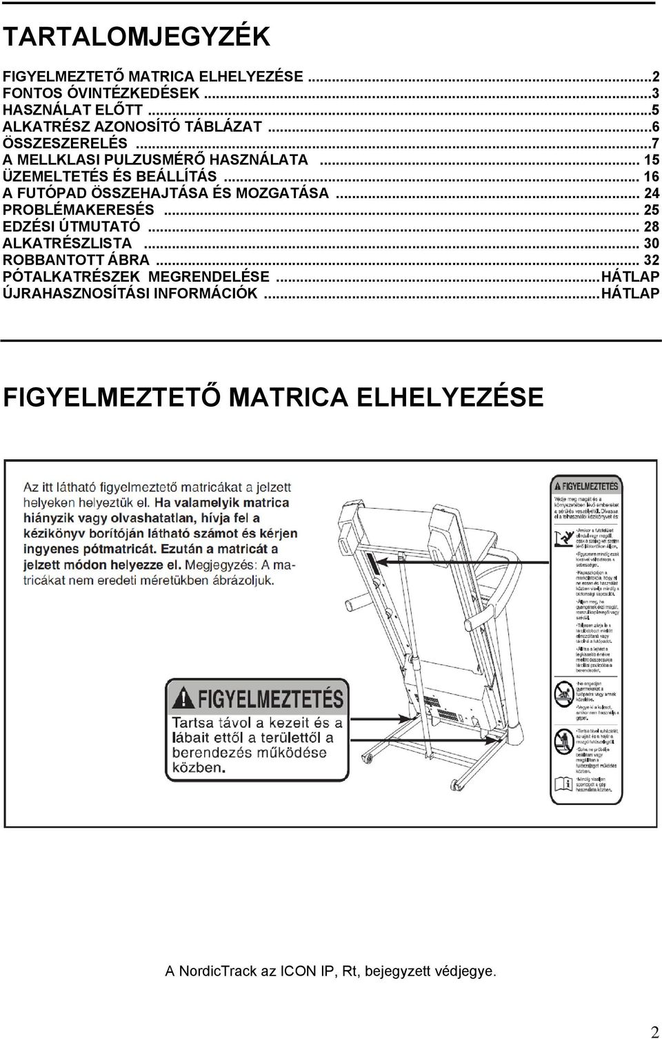 .. 24 PROBLÉMAKERESÉS... 25 EDZÉSI ÚTMUTATÓ... 28 ALKATRÉSZLISTA... 30 ROBBANTOTT ÁBRA... 32 PÓTALKATRÉSZEK MEGRENDELÉSE.