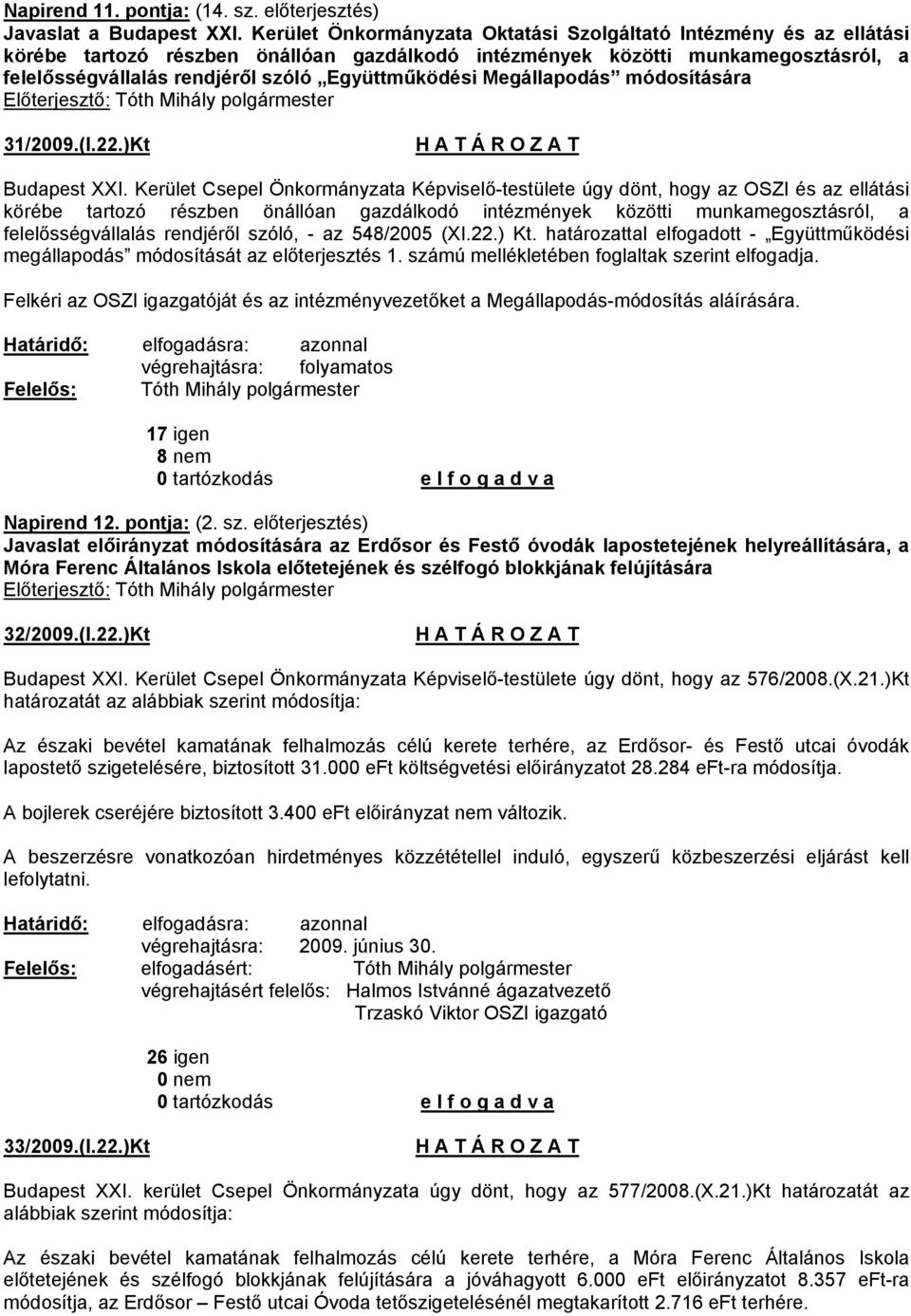 Együttműködési Megállapodás módosítására 31/2009.(I.22.)Kt Budapest XXI.