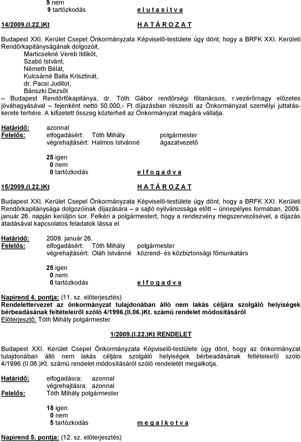 Tóth Gábor rendőrségi főtanácsos, r.vezérőrnagy előzetes jóváhagyásával fejenként nettó 50.000,- Ft díjazásban részesíti az Önkormányzat személyi juttatáskerete terhére.