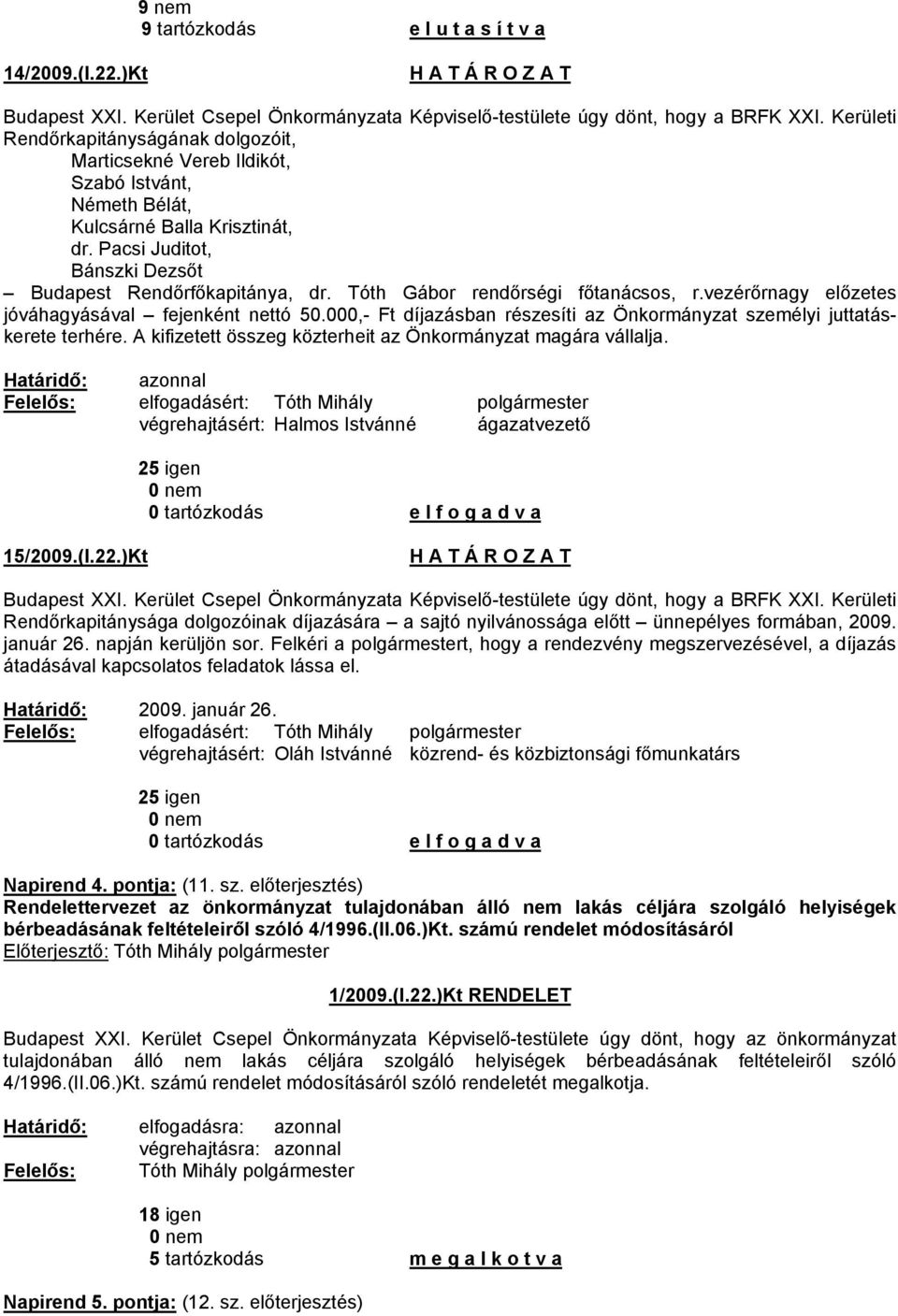 Tóth Gábor rendőrségi főtanácsos, r.vezérőrnagy előzetes jóváhagyásával fejenként nettó 50.000,- Ft díjazásban részesíti az Önkormányzat személyi juttatáskerete terhére.