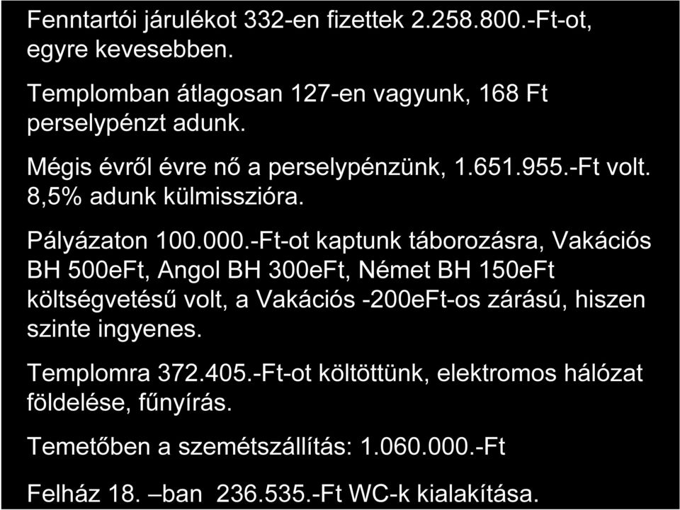 -Ft-ot kaptunk táborozásra, Vakációs BH 500eFt, Angol BH 300eFt, Német BH 150eFt költségvetésű volt, a Vakációs -200eFt-os zárású, hiszen