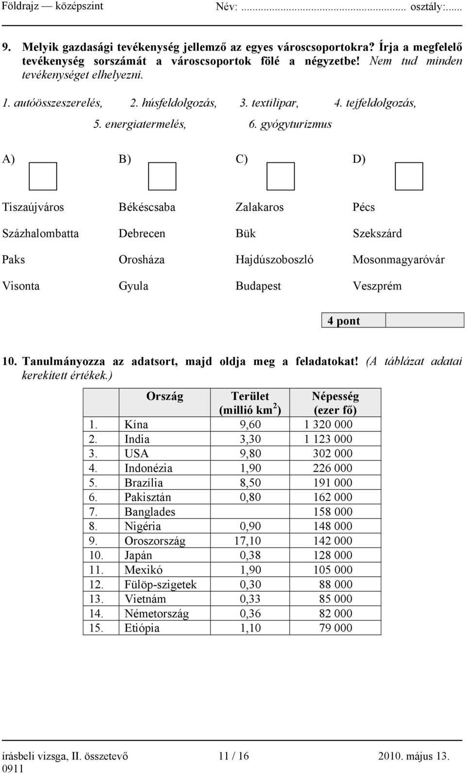 gyógyturizmus A) B) C) D) Tiszaújváros Békéscsaba Zalakaros Pécs Százhalombatta Debrecen Bük Szekszárd Paks Orosháza Hajdúszoboszló Mosonmagyaróvár Visonta Gyula Budapest Veszprém 4 pont 10.