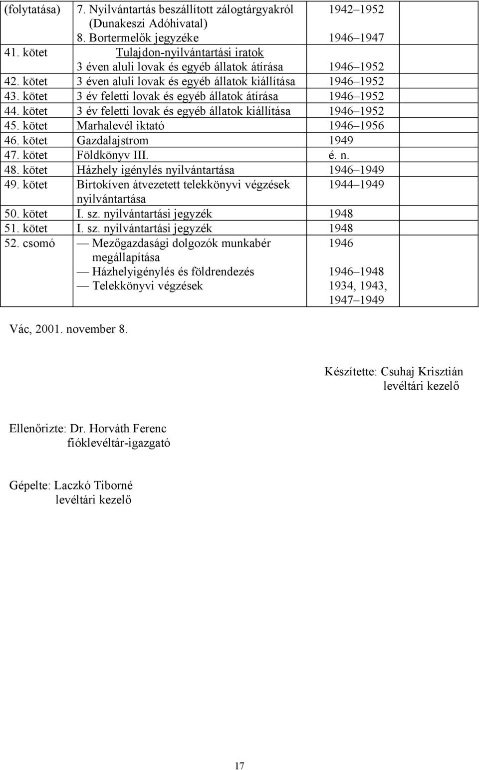 kötet 3 év feletti lovak és egyéb állatok átírása 946 952 44. kötet 3 év feletti lovak és egyéb állatok kiállítása 946 952 45. kötet Marhalevél iktató 946 956 46. kötet Gazdalajstrom 47.