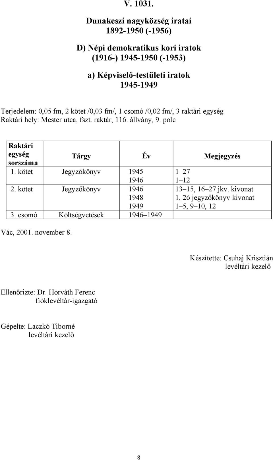 fm, 2 kötet /0,03 fm/, csomó /0,02 fm/, 3 raktári egység Raktári hely: Mester utca, fszt. raktár, 6. állvány, 9.