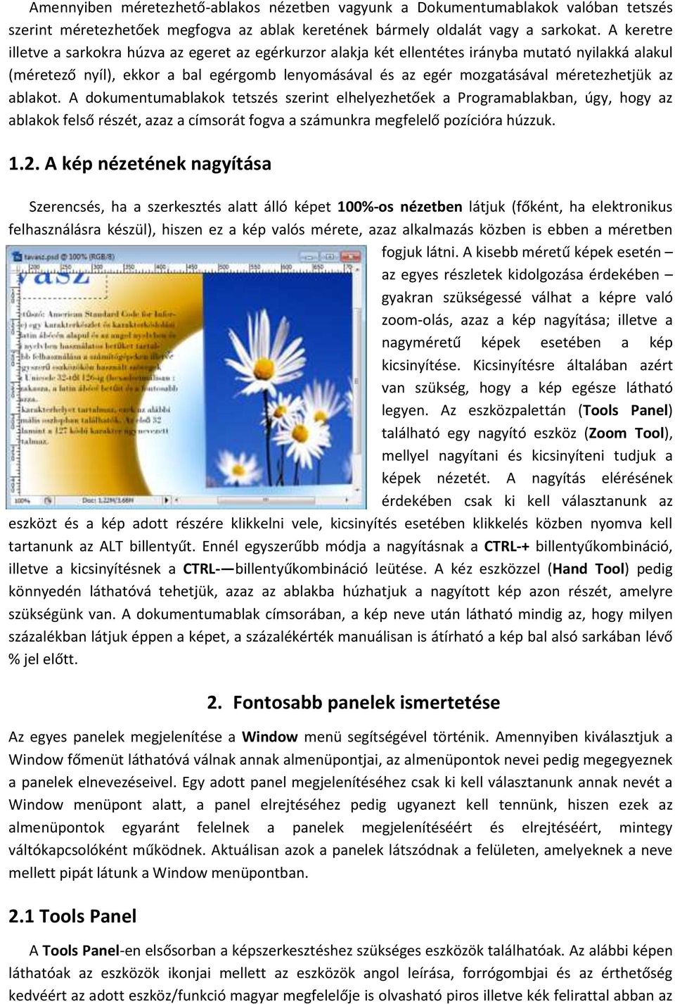 méretezhetjük az ablakot. A dokumentumablakok tetszés szerint elhelyezhetőek a Programablakban, úgy, hogy az ablakok felső részét, azaz a címsorát fogva a számunkra megfelelő pozícióra húzzuk. 1.2.