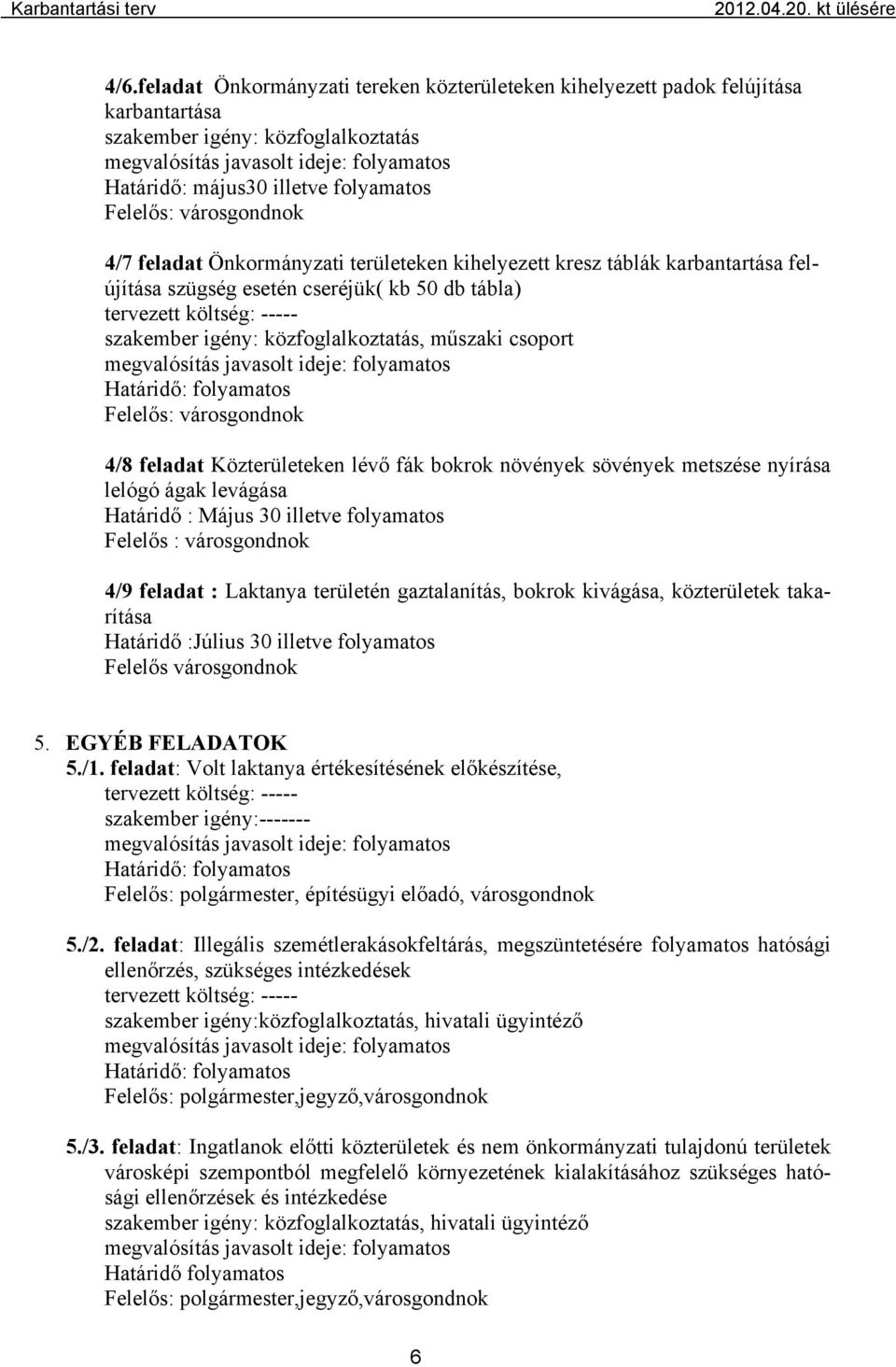 levágása Határidő : Május 30 illetve folyamatos Felelős : városgondnok 4/9 feladat : Laktanya területén gaztalanítás, bokrok kivágása, közterületek takarítása Határidő :Július 30 illetve folyamatos