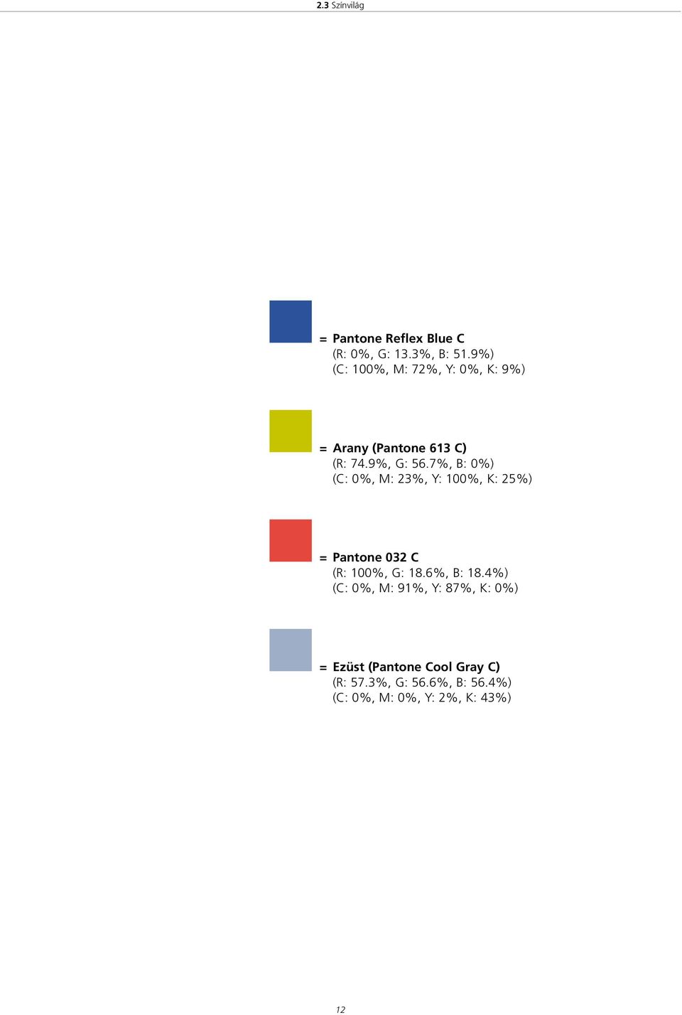 7%, B: 0%) (C: 0%, M: 23%, Y: 100%, K: 25%) = Pantone 032 C (R: 100%, G: 18.6%, B: 18.