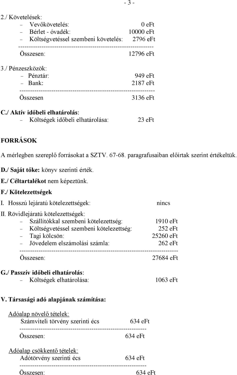 / Saját tőke: könyv szerinti érték. E./ Céltartalékot nem képeztünk. F./ Kötelezettségek I. Hosszú lejáratú kötelezettségek: nincs II.