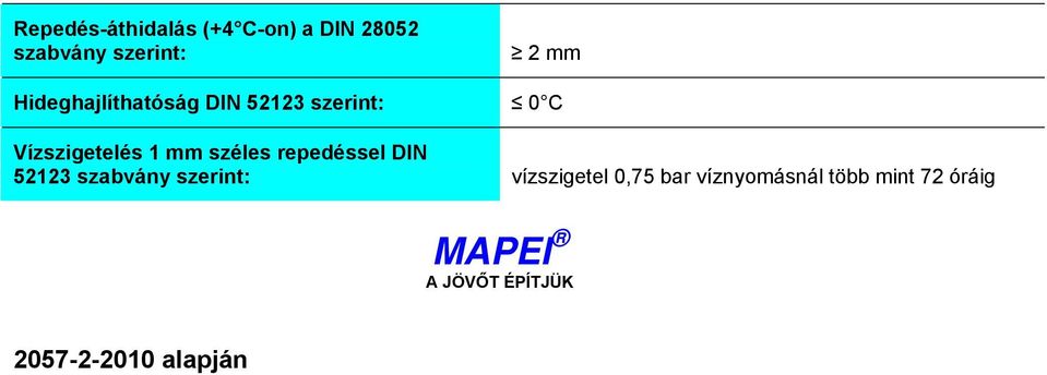 széles repedéssel DIN 52123 szabvány szerint: vízszigetel 0,75