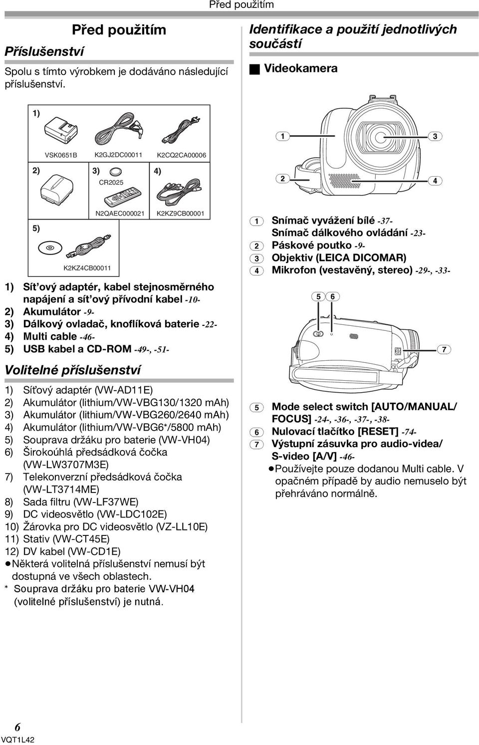 ový přívodní kabel -10-2) Akumulátor -9-3) Dálkový ovladač, knoflíková baterie -22-4) Multi cable -46-5) USB kabel a CD-ROM -49-, -51- Volitelné příslušenství K2KZ9CB00001 1) Sít ový adaptér