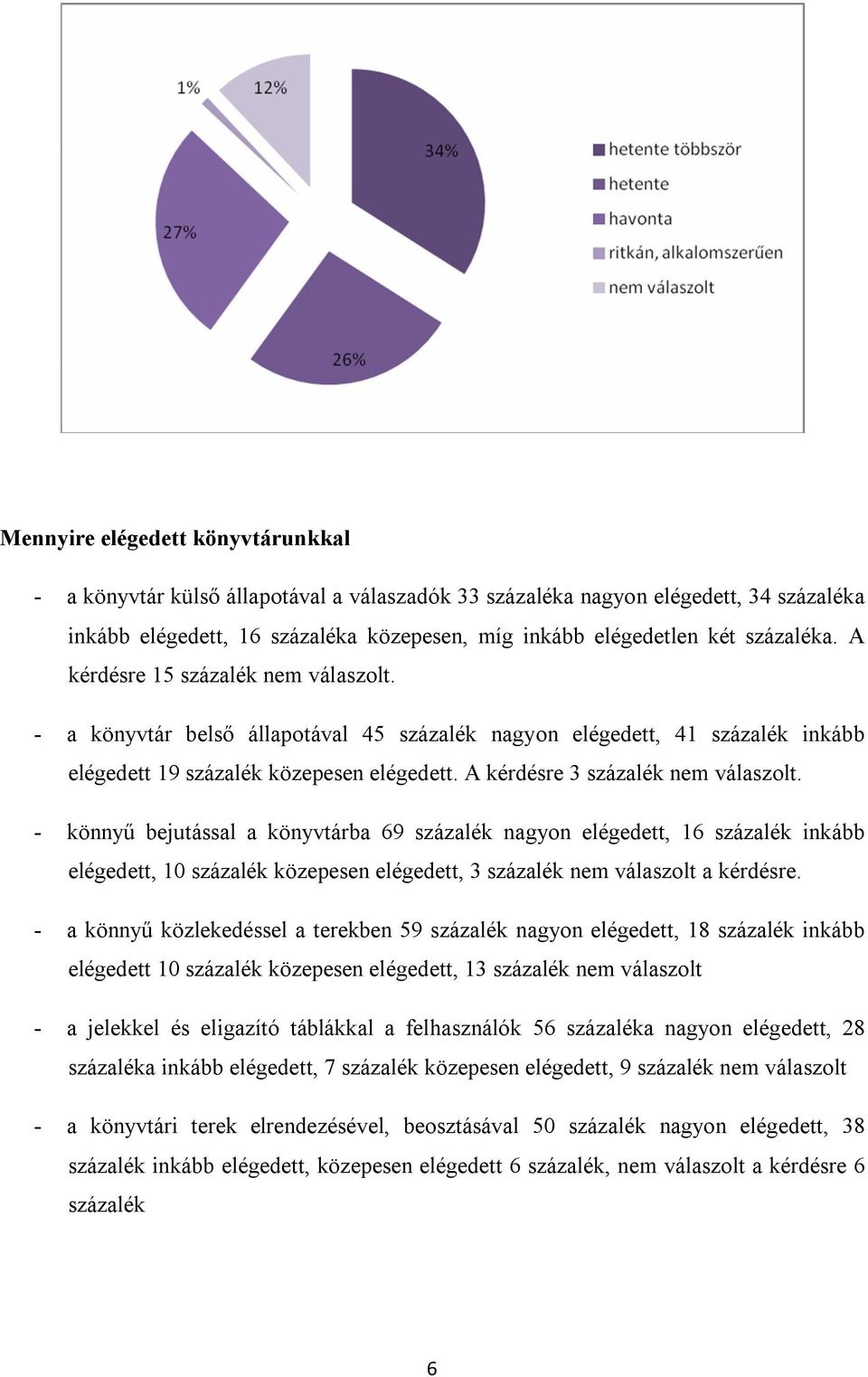 A kérdésre 3 százalék nem válaszolt. - könnyű bejutással a könyvtárba 69 százalék nagyon elégedett, 16 százalék inkább elégedett, 10 százalék közepesen elégedett, 3 százalék nem válaszolt a kérdésre.