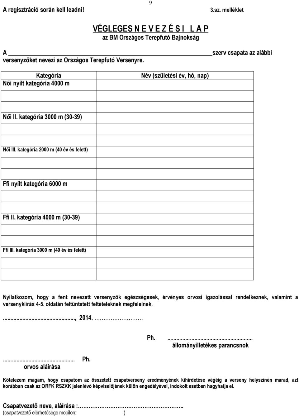 kategória 4000 m (30-39) Ffi III. kategória 3000 m (40 év és felett) Nyilatkozom, hogy a fent nevezett versenyzők egészségesek, érvényes orvosi igazolással rendelkeznek, valamint a versenykiírás 4-5.