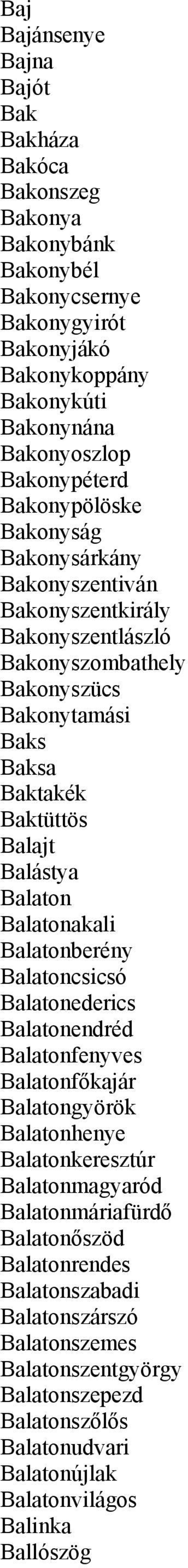 Balajt Balástya Balaton Balatonakali Balatonberény Balatoncsicsó Balatonederics Balatonendréd Balatonfenyves Balatonfőkajár Balatongyörök Balatonhenye Balatonkeresztúr