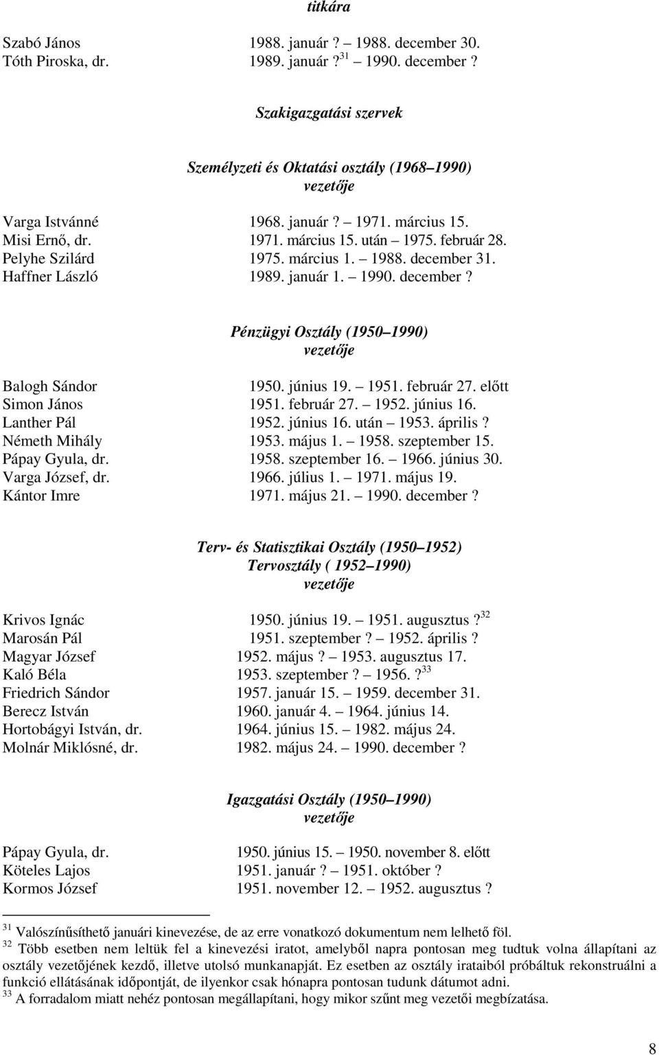 június 19. 1951. február 27. előtt Simon János 1951. február 27. 1952. június 16. Lanther Pál 1952. június 16. után 1953. április? Németh Mihály 1953. május 1. 1958. szeptember 15. Pápay Gyula, dr.