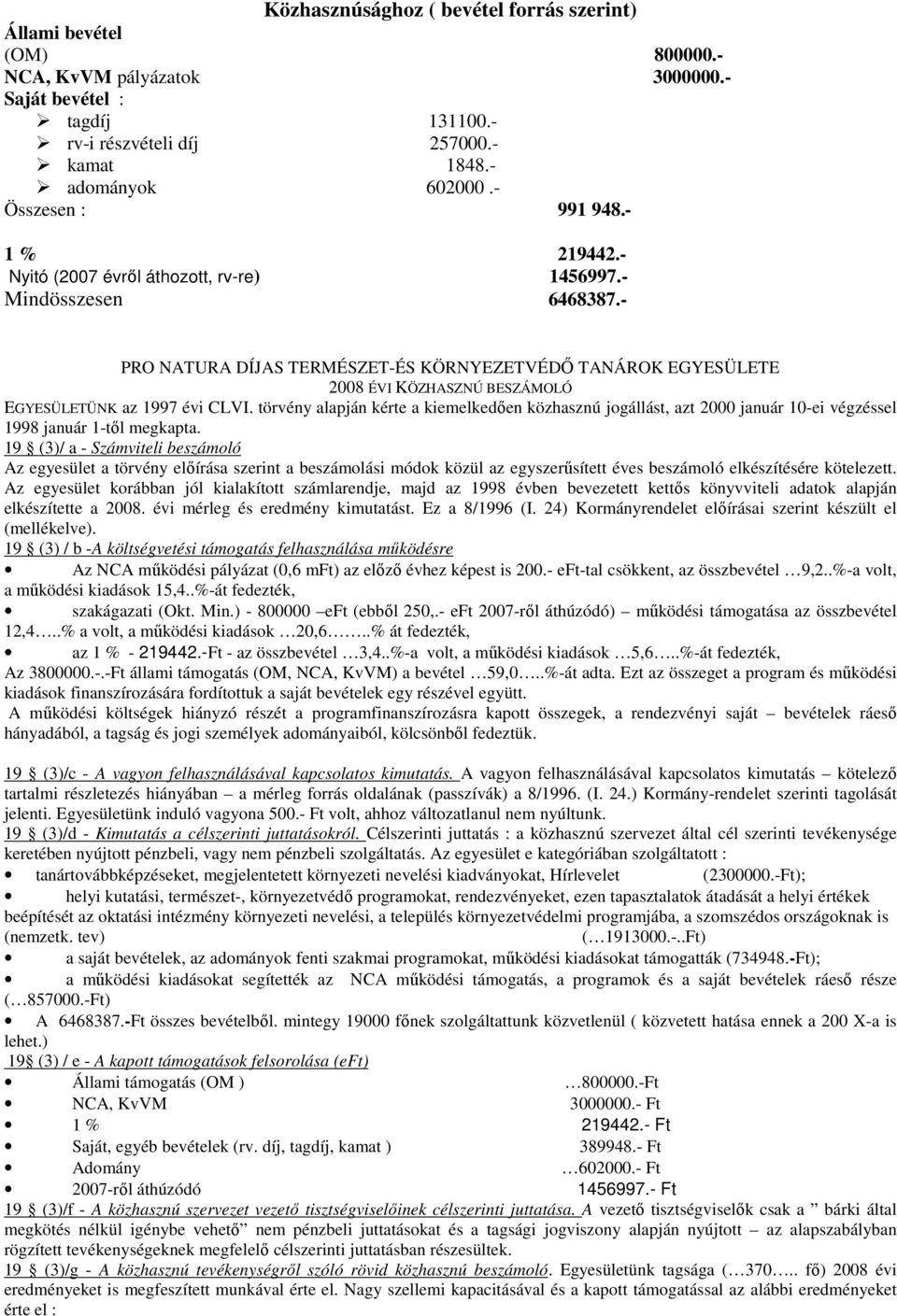 - PRO NATURA DÍJAS TERMÉSZET-ÉS KÖRNYEZETVÉDİ TANÁROK EGYESÜLETE 2008 ÉVI KÖZHASZNÚ BESZÁMOLÓ EGYESÜLETÜNK az 1997 évi CLVI.