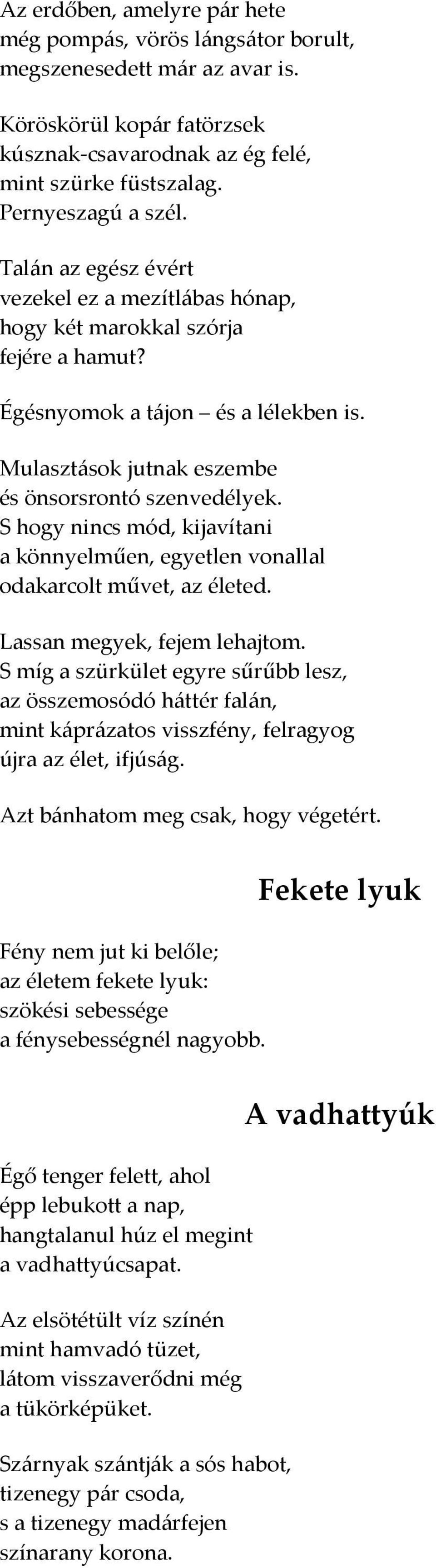 S hogy nincs mód, kijavítani a könnyelműen, egyetlen vonallal odakarcolt művet, az életed. Lassan megyek, fejem lehajtom.