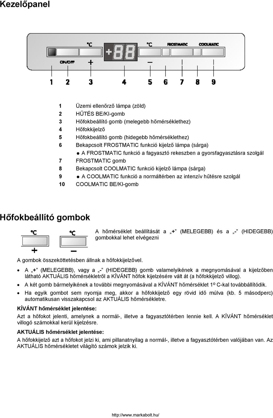 normáltérben az intenzív hűtésre szolgál 10 COOLMATIC BE/KI-gomb Hőfokbeállító gombok A hőmérséklet beállítását a + (MELEGEBB) és a - (HIDEGEBB) gombokkal lehet elvégezni A gombok összeköttetésben