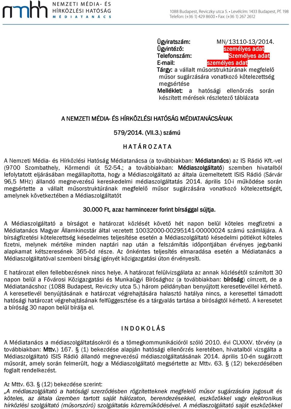 ellenőrzés során készített mérések részletező táblázata A NEMZETI MÉDIA- ÉS HÍRKÖZLÉSI HATÓSÁG MÉDIATANÁCSÁNAK 579/2014. (VII.3.