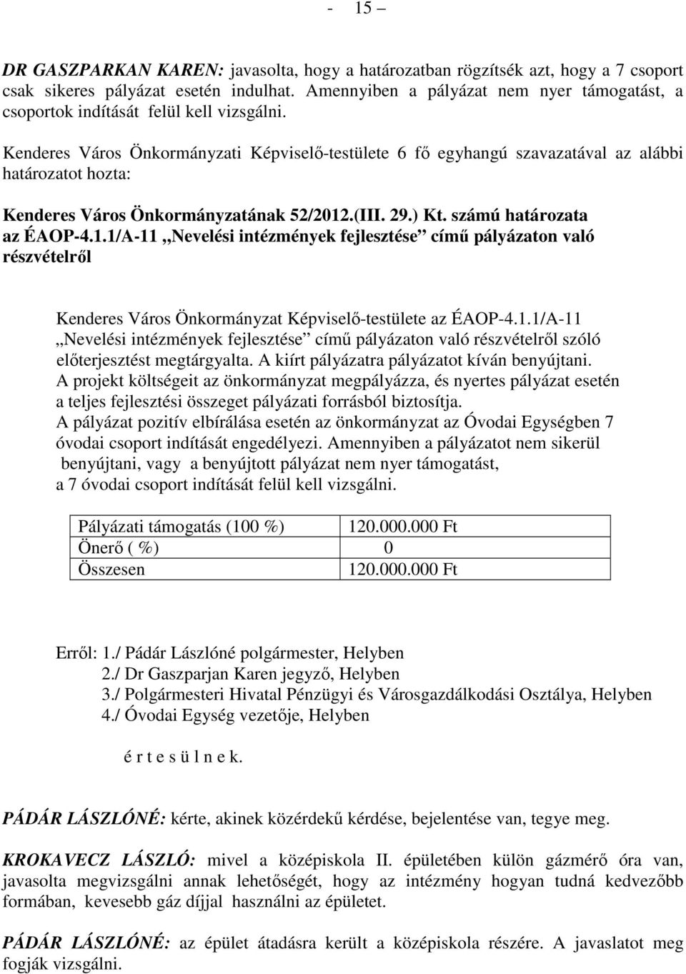 Kenderes Város Önkormányzati Képviselı-testülete 6 fı egyhangú szavazatával az alábbi Kenderes Város Önkormányzatának 52/2012
