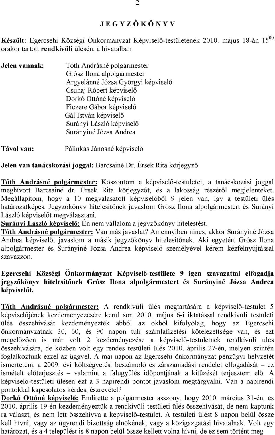 képviselő Dorkó Ottóné képviselő Ficzere Gábor képviselő Gál István képviselő Surányi László képviselő Surányiné Józsa Andrea Pálinkás Jánosné képviselő Jelen van tanácskozási joggal: Barcsainé Dr.