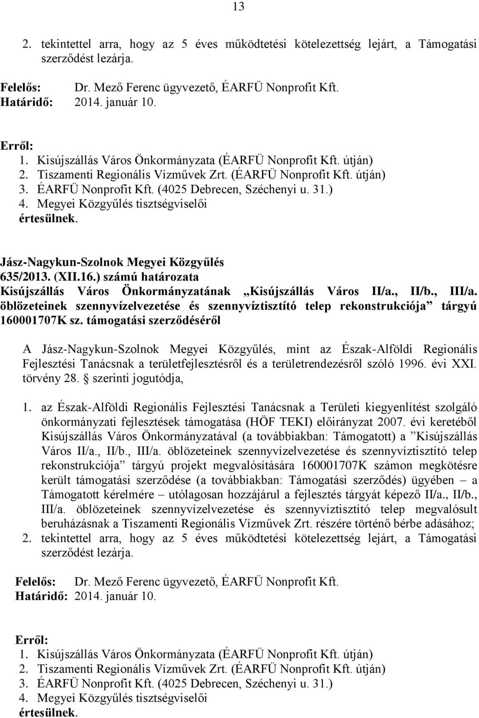 Megyei Közgyűlés tisztségviselői 635/2013. (XII.16.) számú határozata Kisújszállás Város Önkormányzatának Kisújszállás Város II/a., II/b., III/a.