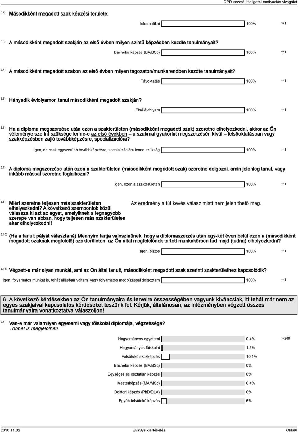 5) Hányadik évfolyamon tanul másodikként megadott szakján? Első évfolyam 100% n=1 5.