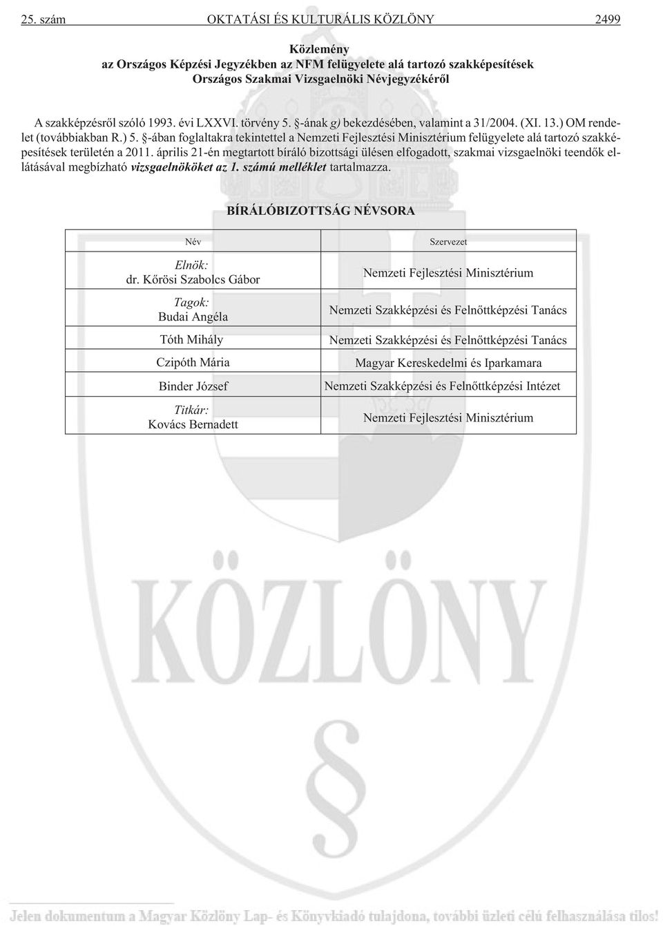 -ában foglaltakra tekintettel a Nemzeti Fejlesztési Minisztérium felügyelete alá tartozó szakképesítések területén a 2011.