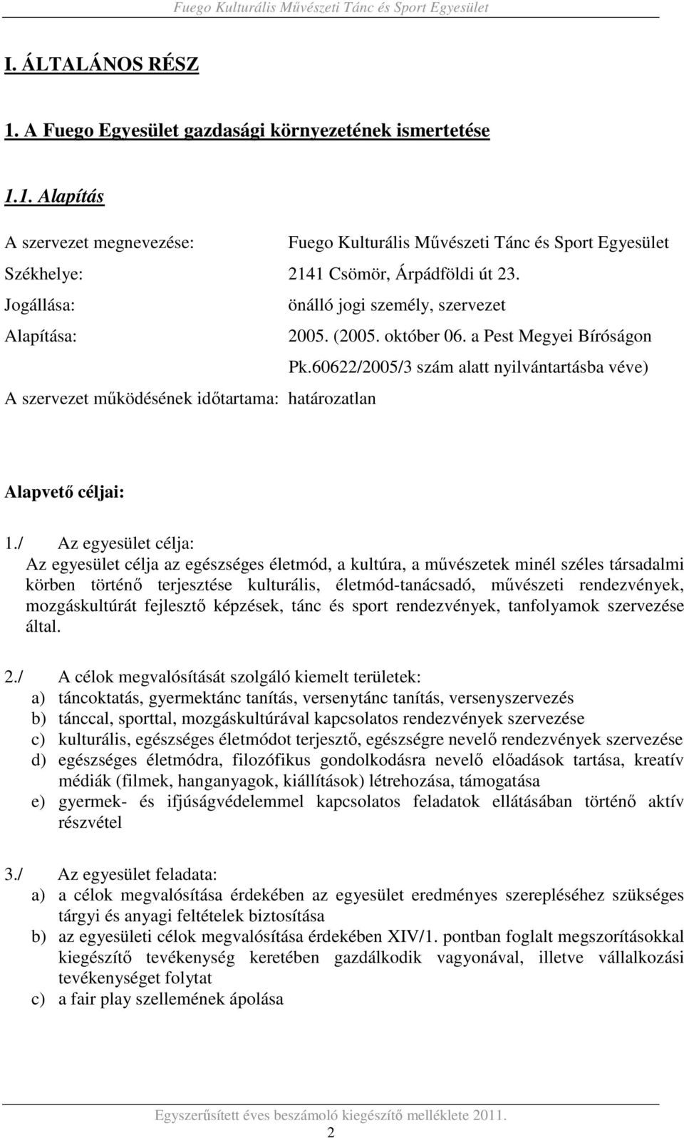 60622/2005/3 szám alatt nyilvántartásba véve) A szervezet működésének időtartama: határozatlan Alapvető céljai: 1.