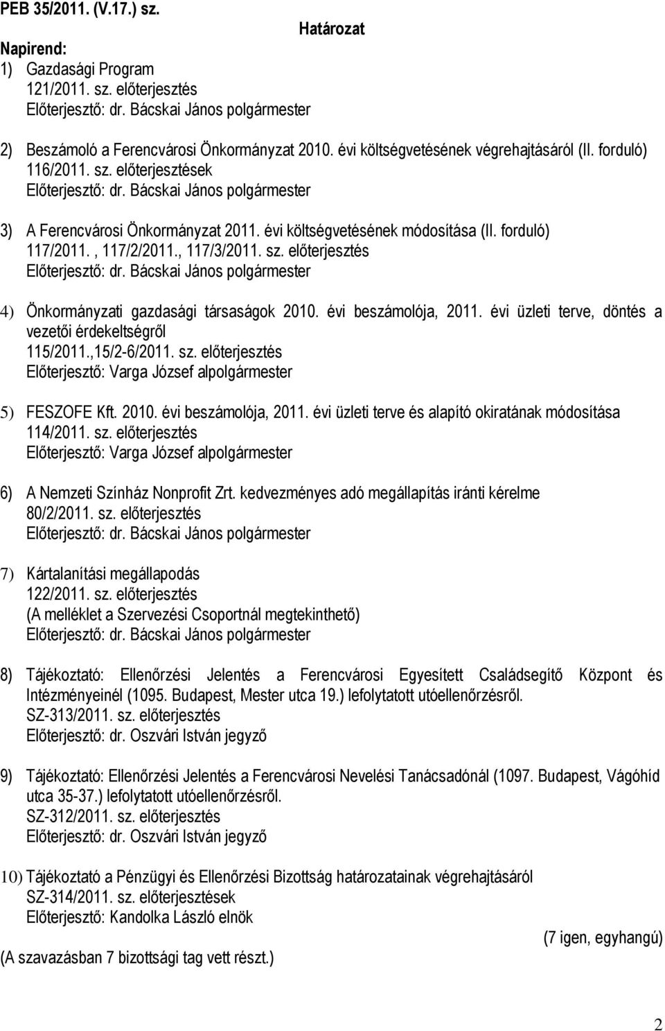 évi üzleti terve, döntés a vezetői érdekeltségről 115/2011.,15/2-6/2011. sz. előterjesztés Előterjesztő: Varga József alpolgármester 5) FESZOFE Kft. 2010. évi beszámolója, 2011.