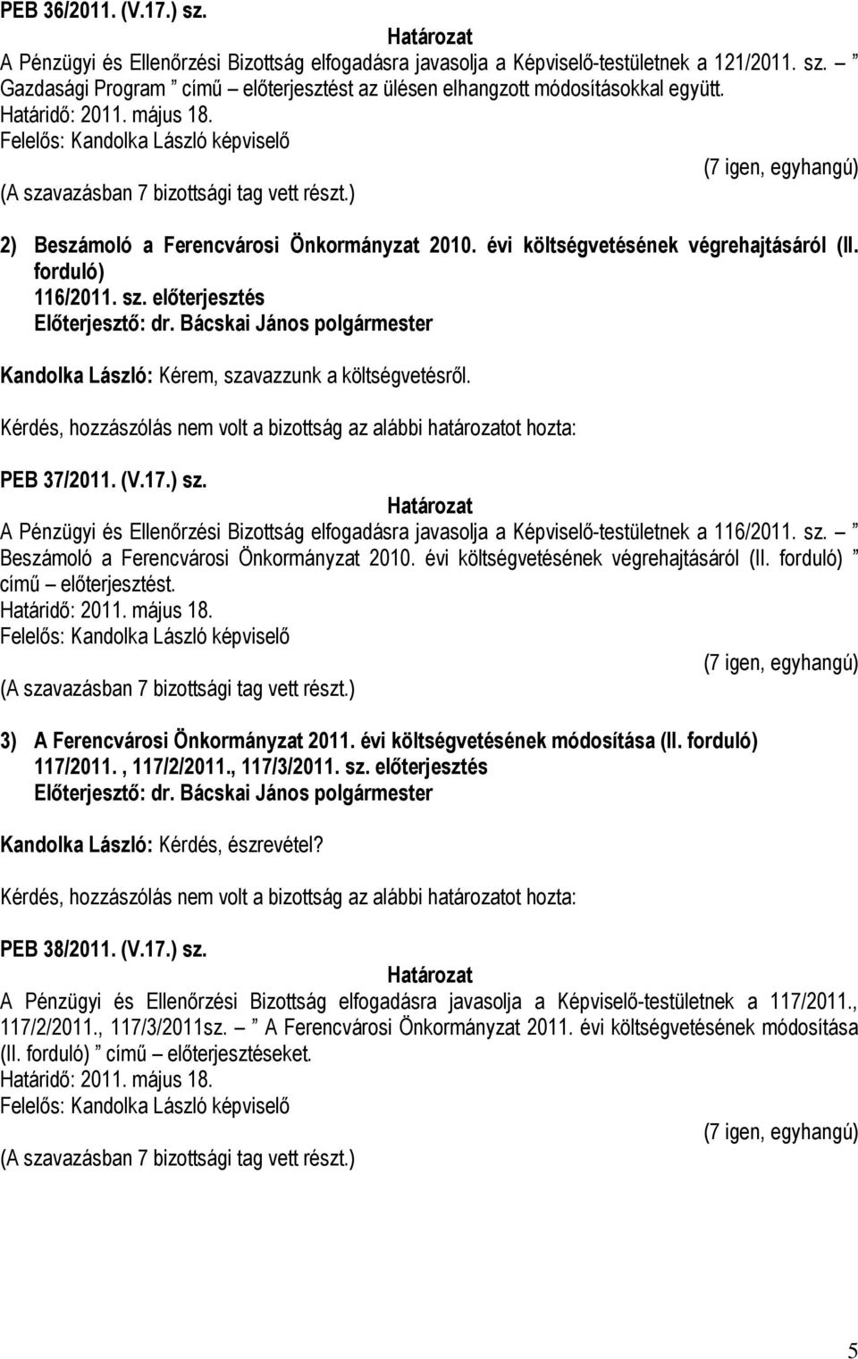 Kérdés, hozzászólás nem volt a bizottság az alábbi határozatot hozta: PEB 37/2011. (V.17.) sz. A Pénzügyi és Ellenőrzési Bizottság elfogadásra javasolja a Képviselő-testületnek a 116/2011. sz. Beszámoló a Ferencvárosi Önkormányzat 2010.