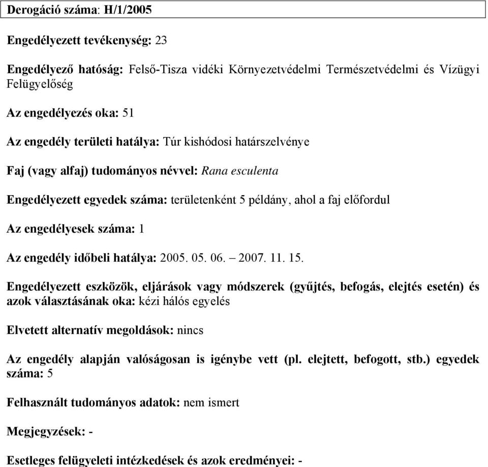 névvel: Rana esculenta Engedélyezett egyedek száma: területenként 5 példány, ahol a faj előfordul Az engedély időbeli hatálya: 2005. 05.