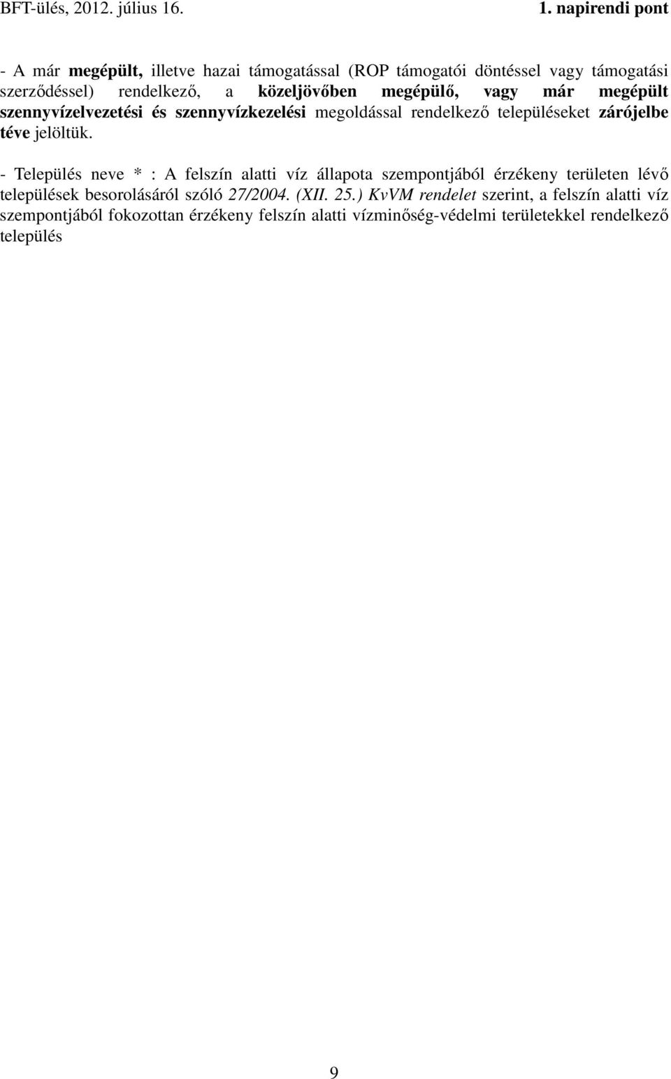 - Település neve * : A felszín alatti víz állapota szempontjából érzékeny területen lévő települések besorolásáról szóló 27/2004. (XII.