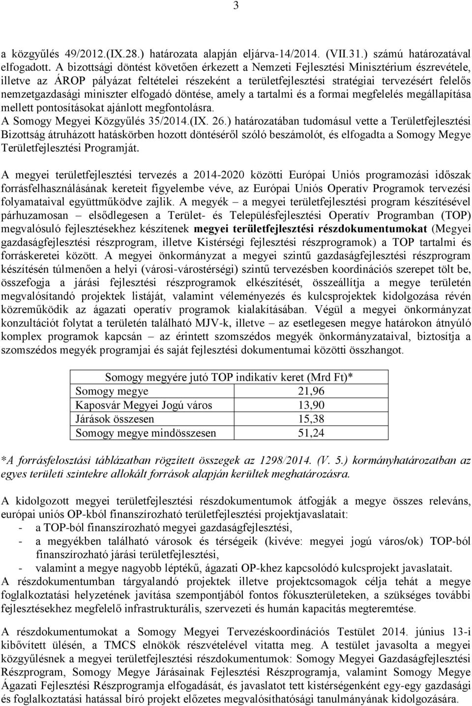 nemzetgazdasági miniszter elfogadó döntése, amely a tartalmi és a formai megfelelés megállapítása mellett pontosításokat ajánlott megfontolásra. A Somogy Megyei Közgyűlés 35/2014.(IX. 26.