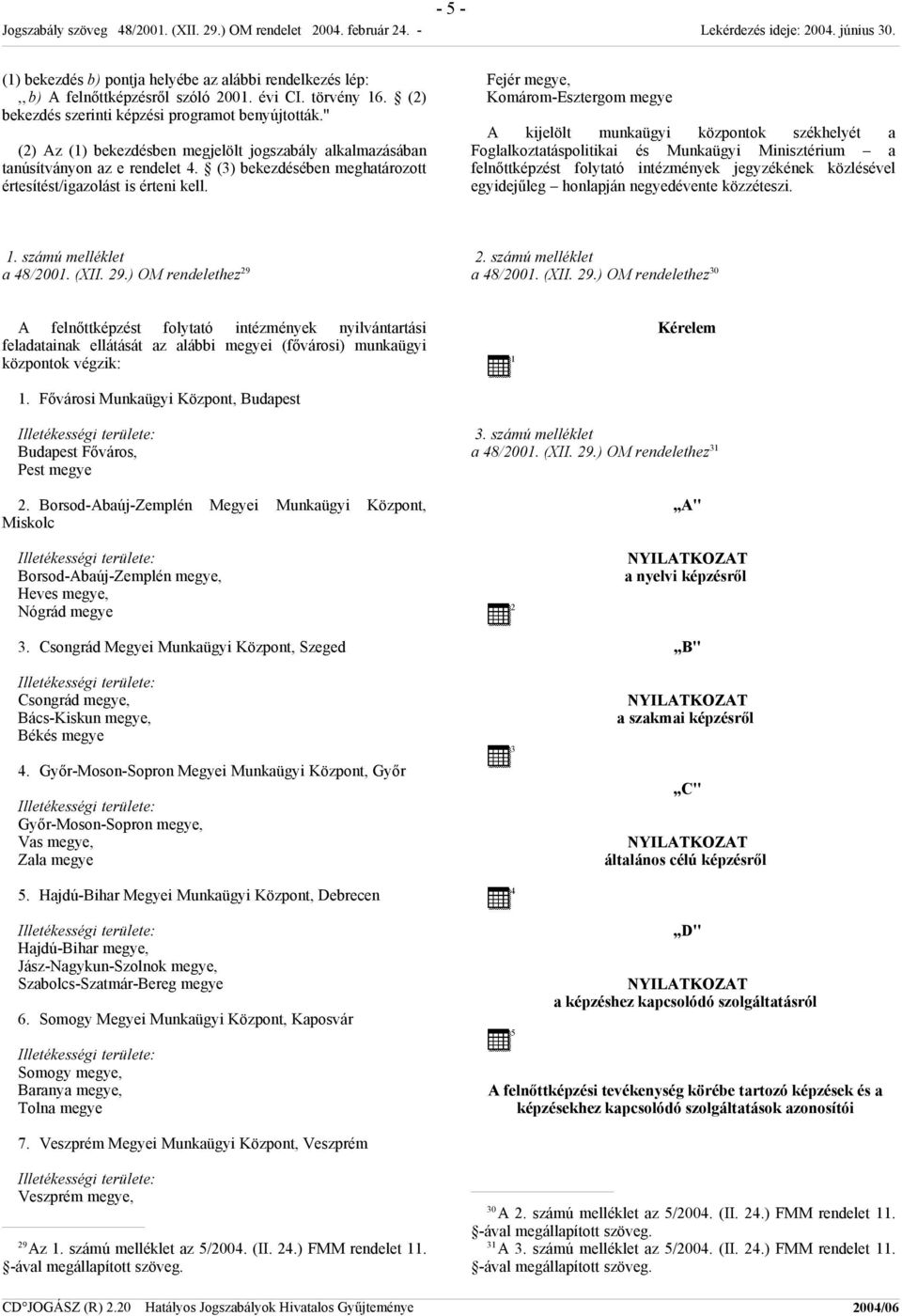 Fejér megye, Komárom-Esztergom megye A kijelölt munkaügyi központok székhelyét a Foglalkoztatáspolitikai és Munkaügyi Minisztérium a felnőttképzést folytató intézmények jegyzékének közlésével