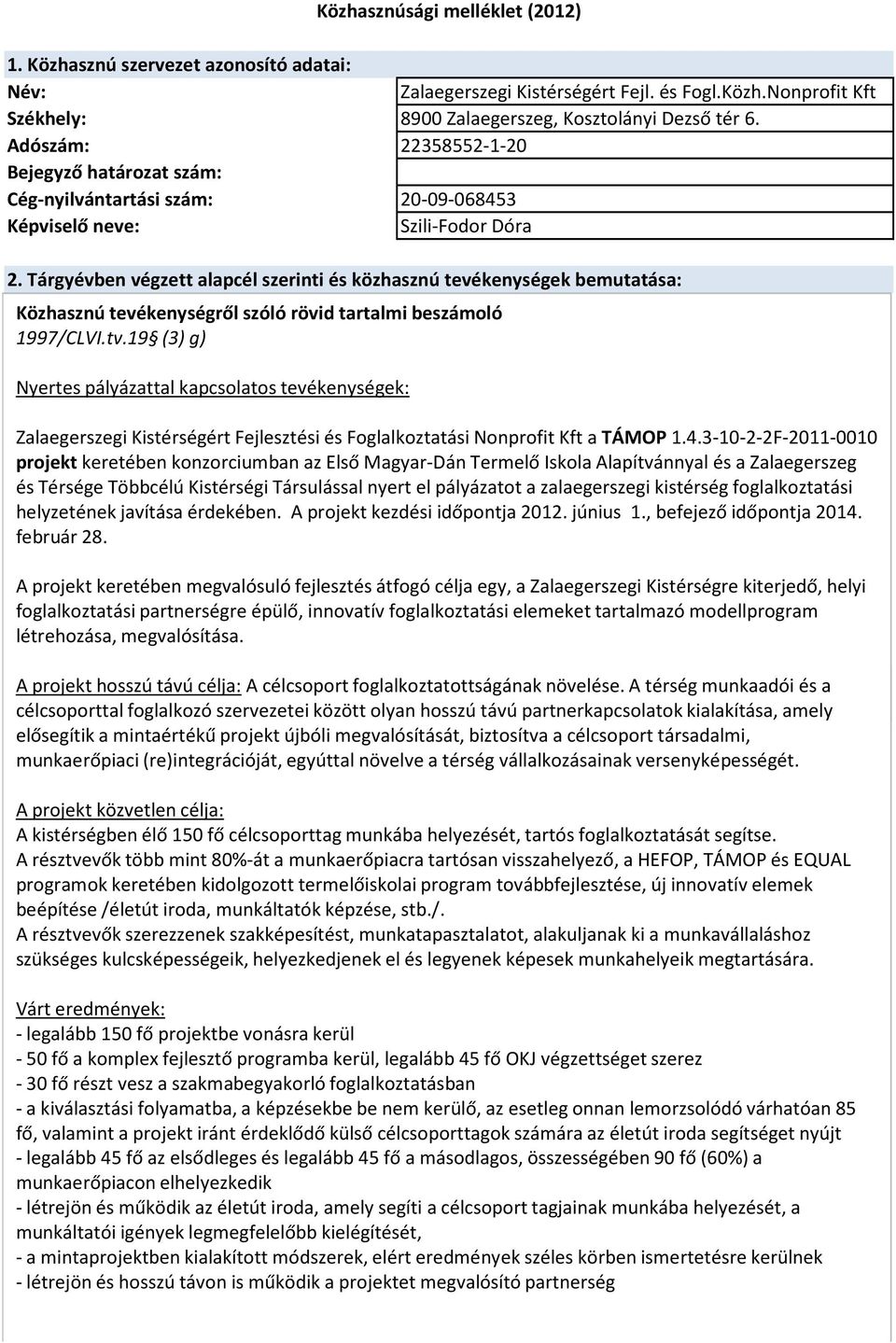 Tárgyévben végzett alapcél szerinti és közhasznú tevékenységek bemutatása: Közhasznú tevékenységről szóló rövid tartalmi beszámoló 1997/CLVI.tv.