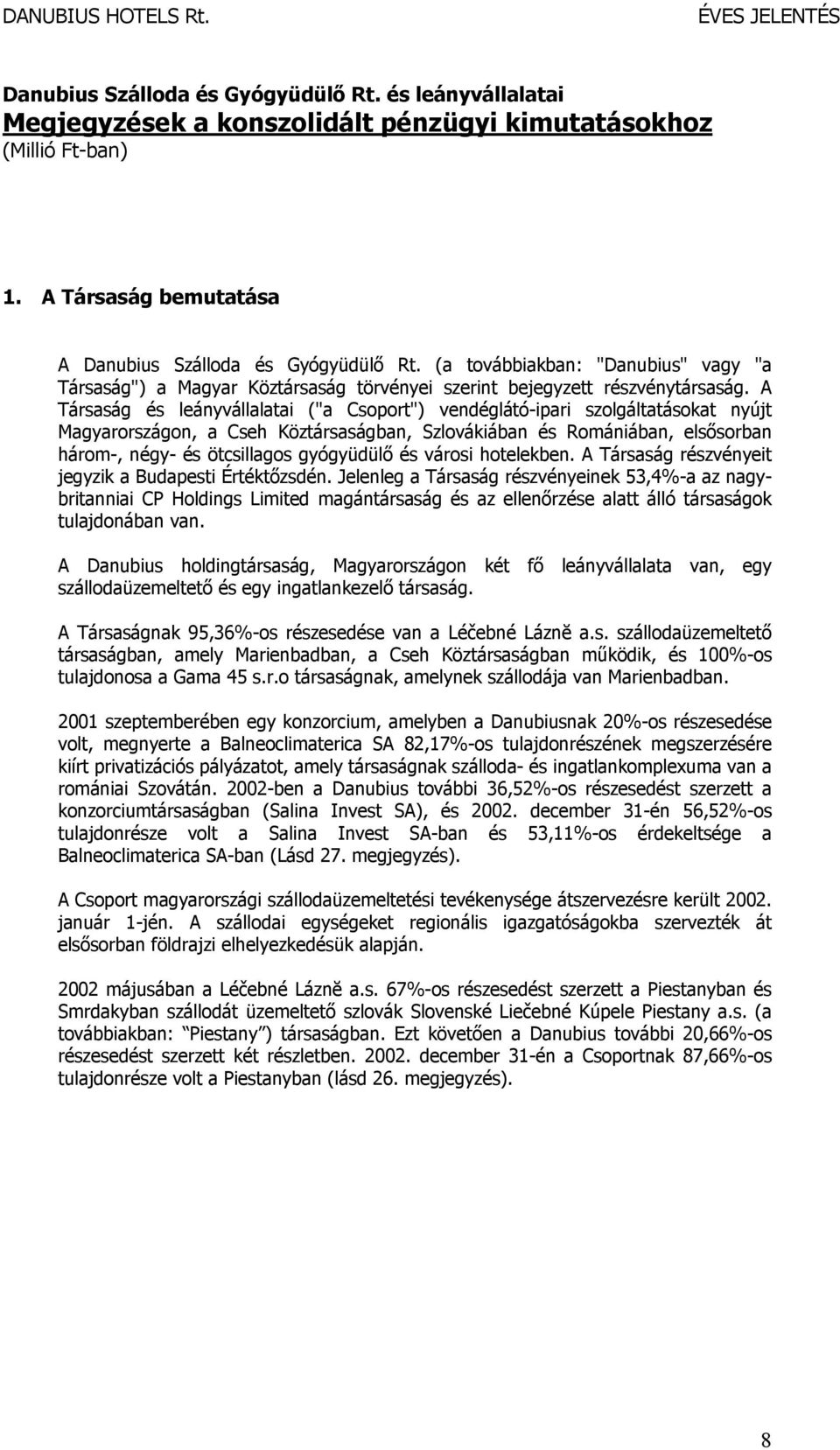 A Társaság és leányvállalatai ("a Csoport") vendéglátó-ipari szolgáltatásokat nyújt Magyarországon, a Cseh Köztársaságban, Szlovákiában és Romániában, elsősorban három-, négy- és ötcsillagos