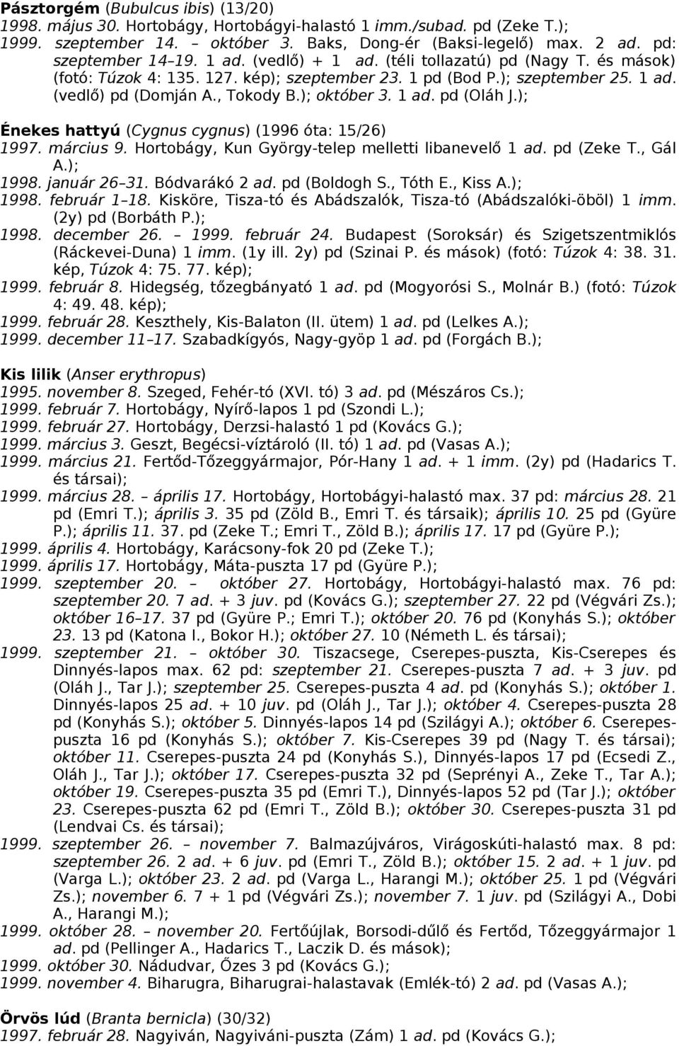 ); október 3. 1 ad. pd (Oláh J.); Énekes hattyú (Cygnus cygnus) (1996 óta: 15/26) 1997. március 9. Hortobágy, Kun György-telep melletti libanevelő 1 ad. pd (Zeke T., Gál A.); 1998. január 26 31.