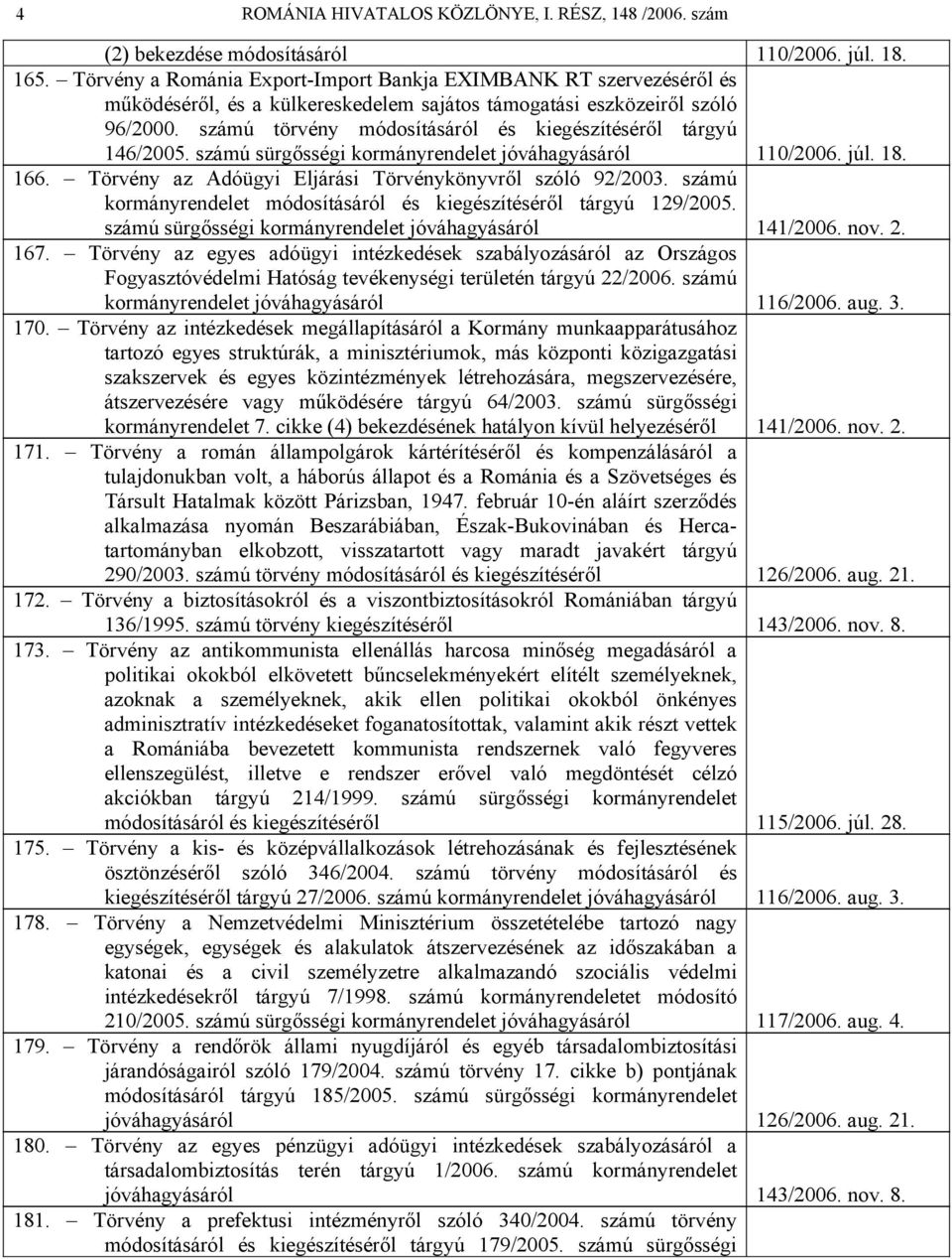 számú törvény módosításáról és kiegészítéséről tárgyú 146/2005. számú sürgősségi kormányrendelet jóváhagyásáról 110/2006. júl. 18. 166. Törvény az Adóügyi Eljárási Törvénykönyvről szóló 92/2003.