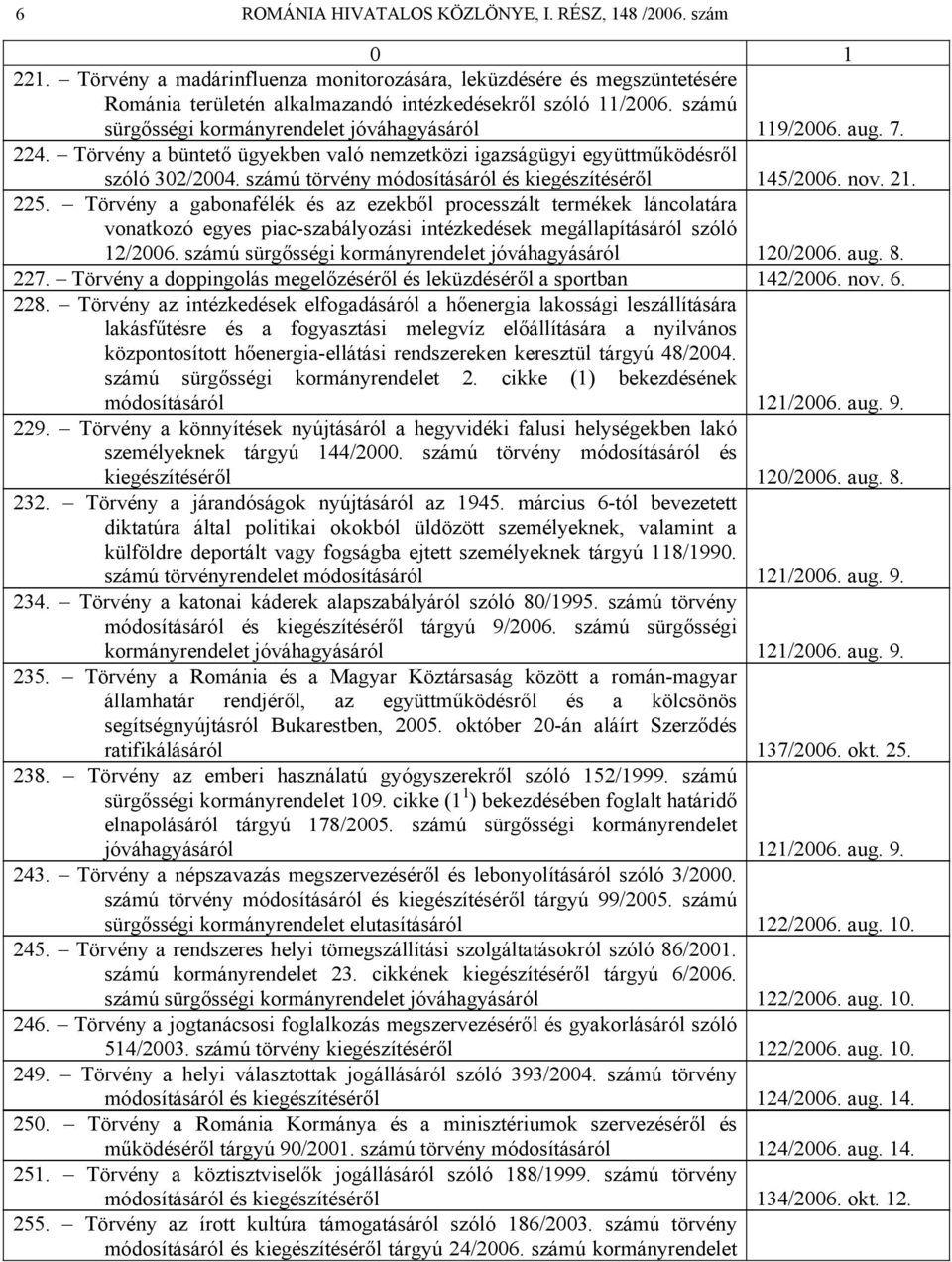 számú törvény módosításáról és kiegészítéséről 145/2006. nov. 21. 225.
