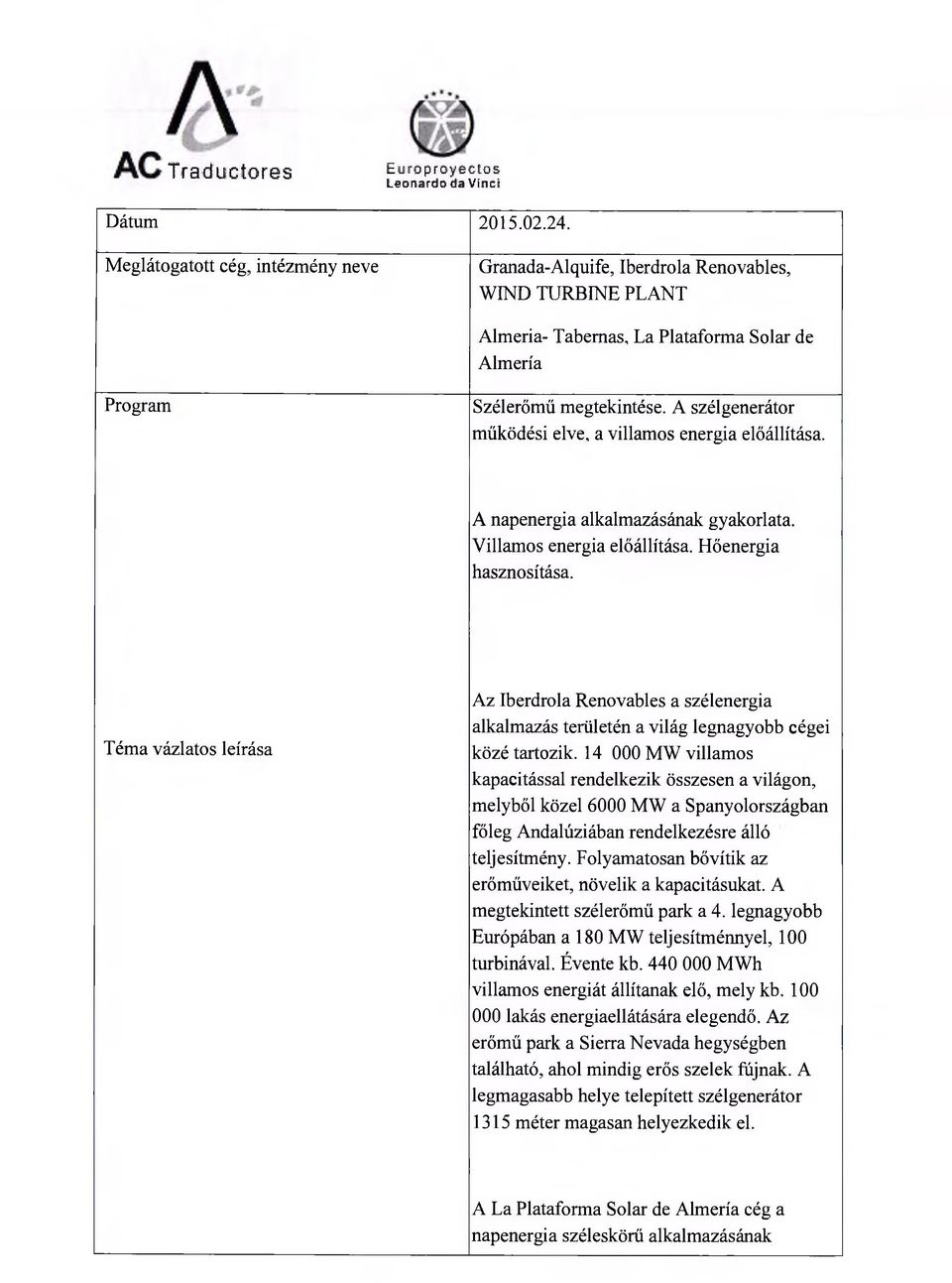 Az Iberdrola Renovables a szélenergia alkalmazás területén a világ legnagyobb cégei közé tartozik.