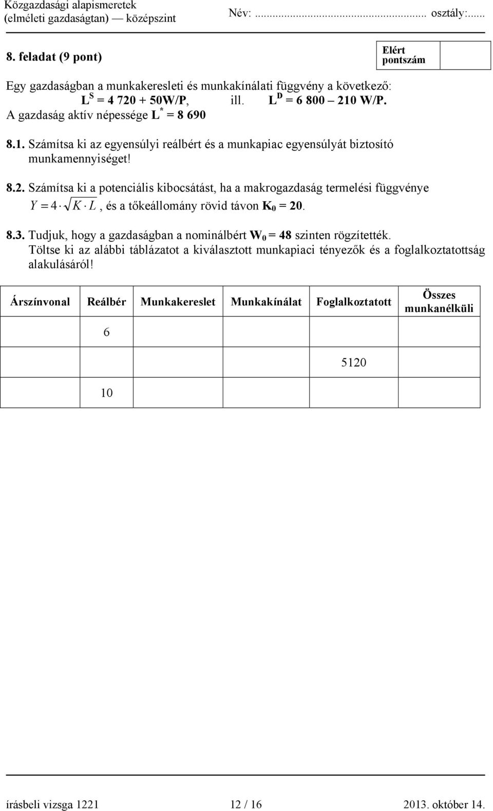 Számítsa ki a potenciális kibocsátást, ha a makrogazdaság termelési függvénye Y = 4 K L, és a tőkeállomány rövid távon K 0 = 20. 8.3.