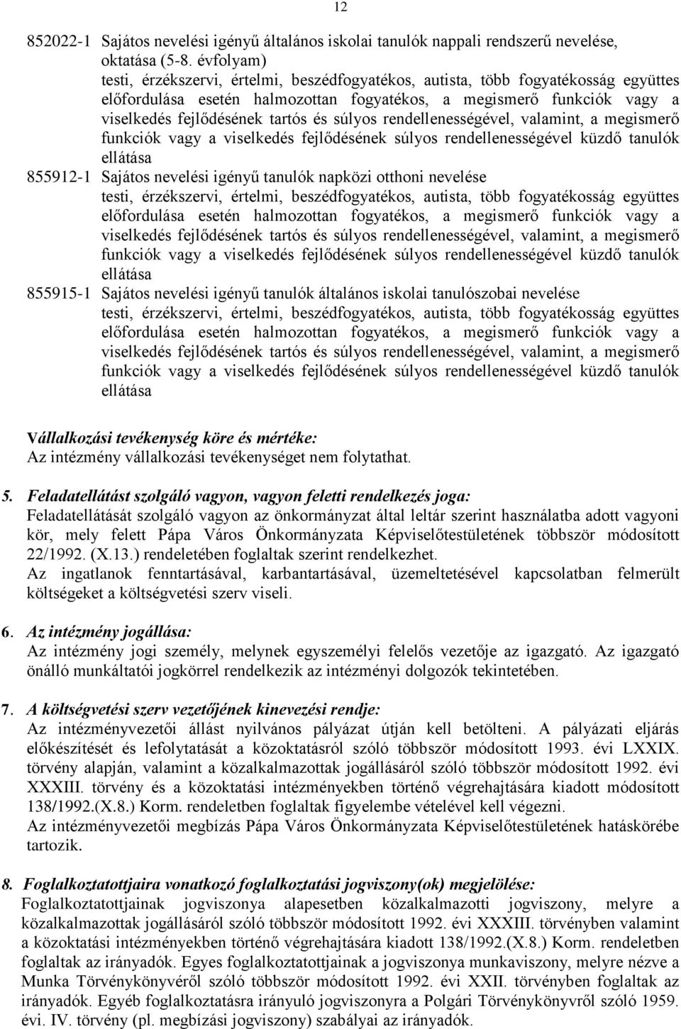 súlyos rendellenességével, valamint, a megismerő funkciók vagy a viselkedés fejlődésének súlyos rendellenességével küzdő tanulók ellátása 855912-1 Sajátos nevelési igényű tanulók napközi otthoni