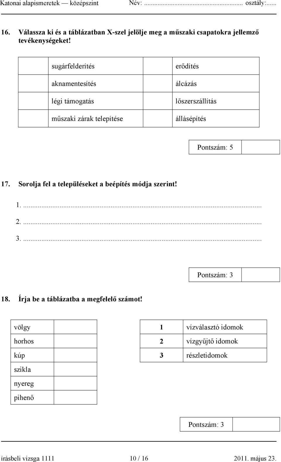 17. Sorolja fel a településeket a beépítés módja szerint! 1.... 2.... 3.... Pontszám: 3 18.